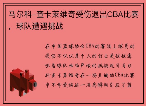 马尔科-查卡莱维奇受伤退出CBA比赛，球队遭遇挑战