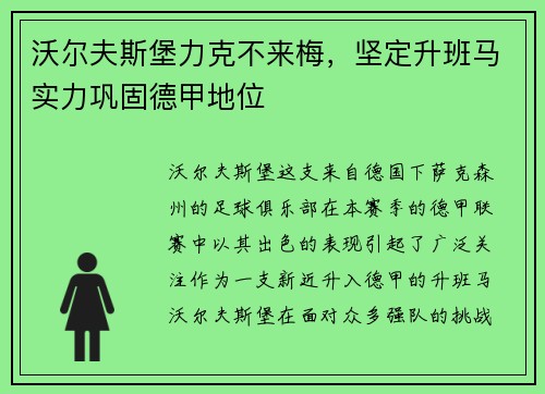 沃尔夫斯堡力克不来梅，坚定升班马实力巩固德甲地位